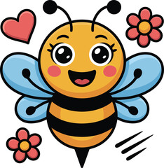 Cheerful bee vector cartoon with blue wings, antennae, ray gun device, holographic interface, flowers, heart, and playful design.