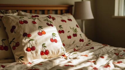 A bed with white sheets and cherry-print pillowcases in a sunlit bedroom. Concept Sunlit Bedroom Aesthetics, White Sheets, Cherry-Print Pillows, Cozy Bedding Decor, Bright Morning Light