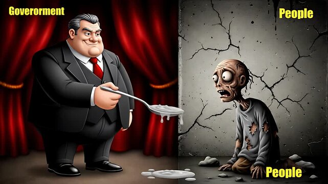 Stark contrast image visually critiques wealth disparity, illustrating a well-fed official offering meager sustenance to a starving, desperate citizen, highlighting social inequality issues.