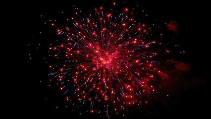 Obraz premium A large red and blue firework explodes in the dark night sky. Concept Fireworks, Night Sky, Red and Blue Explosions, Light Trails, Celebration