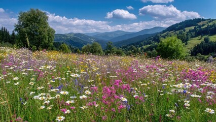 Obraz premium Colorful wildflower meadow with white daisies, pink and purple blooms, green hills and distant mountains under a blue sky. Concept Wildflower Meadow Shoot, Daisies and Colorful Blooms