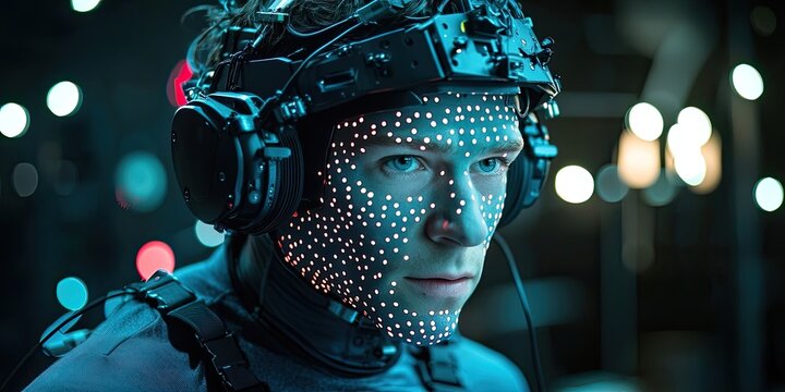 Person wearing facial motion capture suit and headgear, covered in tracking dots, surrounded by glowing lights used for 3D scanning in dark environment. Generative by AI.