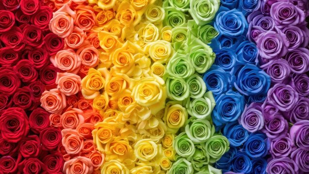 Rainbow roses are artificially colored to display a vibrant spectrum of hues