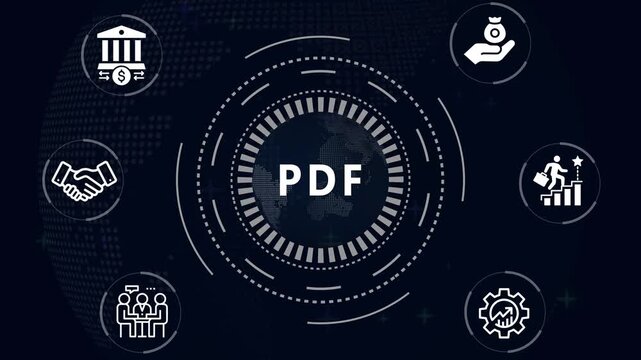 PDF acronym in center of hexagonal diagram with business icons and  world map Keywords:  PDF Acronym, Business, technology, Diagram, hexagonal, concept, icons hexagonal, icons, world map