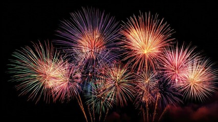 Colorful fireworks exploding across the dark night sky. Concept Colorful fireworks in the dark night sky, Nighttime fireworks display, Bursts of color over a dark sky