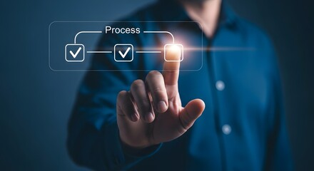 Progress concept person interacting with virtual progress indicators for workflow efficiency and productivity