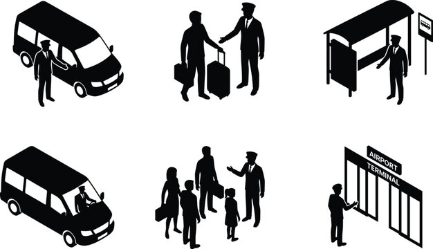 Airport shuttle transportation service silhouettes with driver greeting travelers, loading luggage, bus stop pickup, family passengers and terminal arrival, travel concept