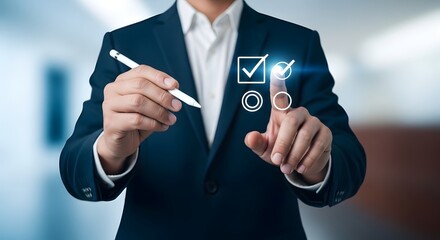 Businessman making progress with checklist and virtual interface