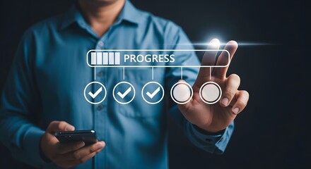 Man representing progress with a progress bar and completed tasks
