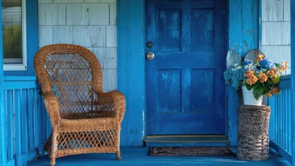 Fototapeta premium Blue front porch with a wicker chair and a white bucket of blue hydrangeas with orange flowers on a woven stand beside a weathered blue door Concept Blue Front Porch, Wicker Chair