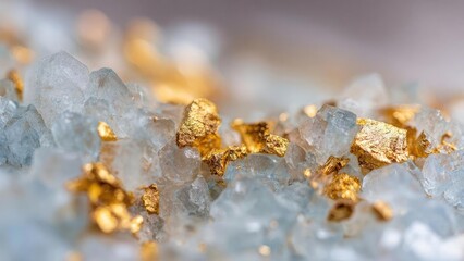 Gold flakes scattered on blue quartz crystals. Concept Gold flakes, blue quartz, crystal textures, metallic sheen, close-up shot