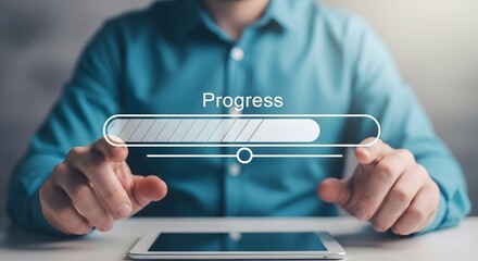 Concept of progress and development with a person interacting with a digital progress bar