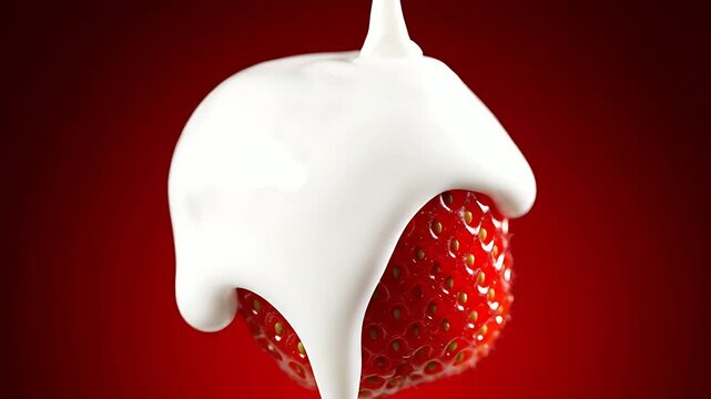 Delicious ripe red strawberry being generously topped with thick, smooth white cream in a dramatic close-up food photography style