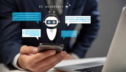 AI assistant interaction: person using smartphone chatbot powered by artificial intelligence, smart support systems, and machine learning for virtual assistant apps and digital communication