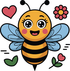 Cheerful bee vector cartoon with blue wings, antennae, heart, flowers, leaves, and colorful playful design for kids.