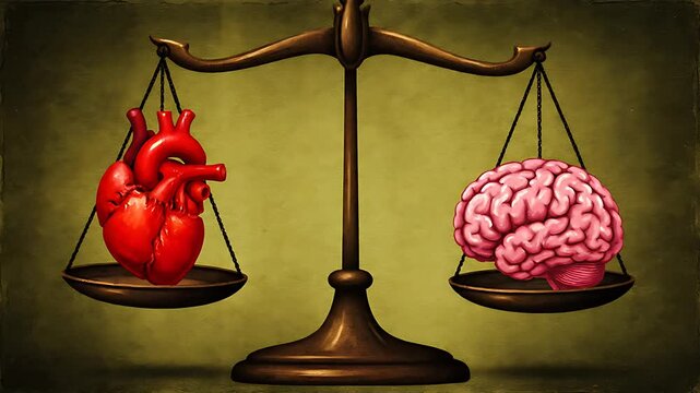 Conceptual illustration depicting the difficult balance between emotional heart desires and logical brain reasoning, symbolizing choices and equilibrium.