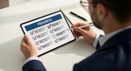 Businessman analyzing progress chart on tablet for future development and growth