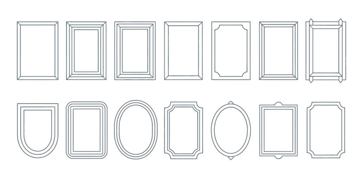 Set of simple line frames with double stroke, showcasing clean editable vector borders, versatile line thickness, and blank vertical templates for invitations and design projects.