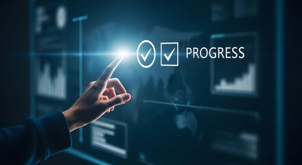 Conceptual image of hand touching progress button with checkmark