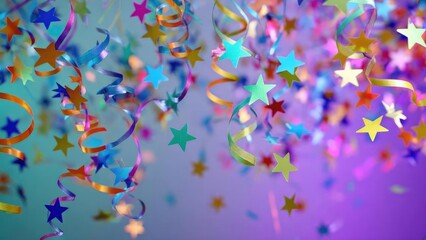 Obraz premium Colorful star-shaped confetti and curling ribbons swirl in a festive party scene. Concept Festive party scene with confetti and curled ribbons, Colorful star-shaped confetti in motion