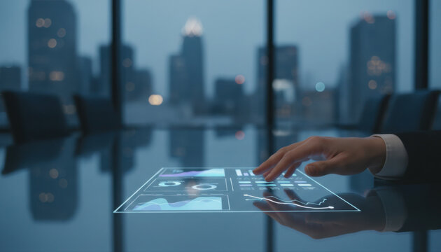 Professional executive interacts with AI driven strategy dashboard, analyzing data in modern office setting with city skyline view