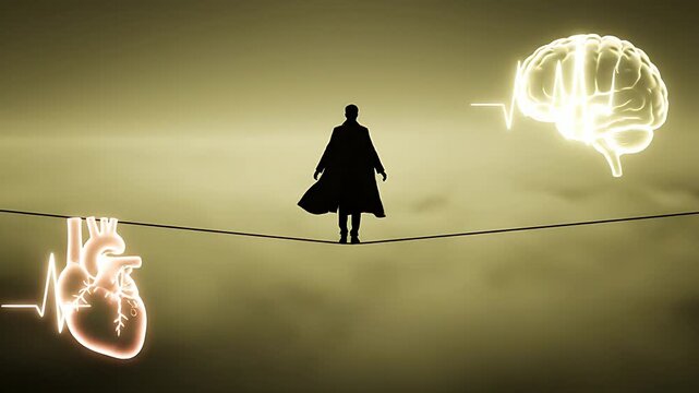 Silhouette of a figure precariously balancing on a tightrope, symbolizing the difficult equilibrium between intense human emotion represented by the heart and logical cognition shown by the brain.