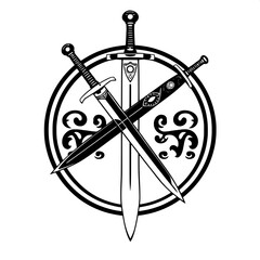 Medieval sword with intricate engravings and a worn leather hilt placed vertically inside a circular shield with a heraldic design, rendered as a black silhouette with crisp lines, set against a clean