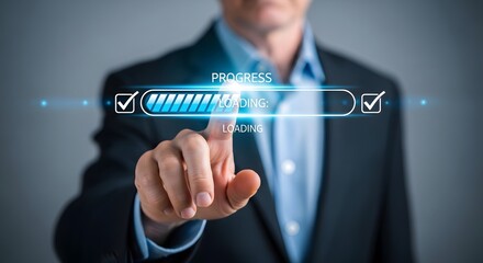 Businessman accelerating progress with futuristic interface