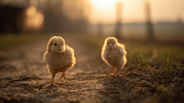Two fluffy baby chicks walk along a dirt path at sunset, bathed in warm golden light. Concept Baby chicks, Sunset golden light, Dirt path, Golden hour warmth, Soft fluffy feathers - Powered by Adobe