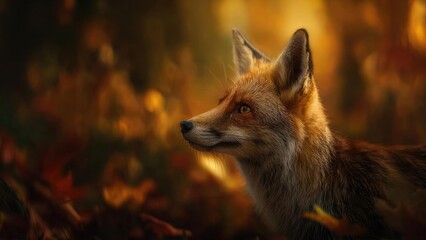 Obraz premium A red fox in a warm golden autumn forest, gazing to the left. Concept Red fox, Golden autumn forest, Golden light, Gazing left, Wildlife portrait