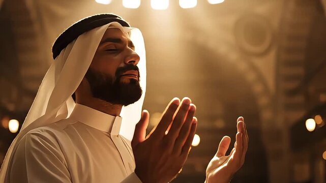 Muslim man praying in a mosque with divine light.