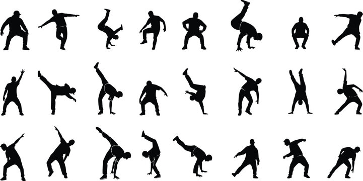 Silhouette breakdance performer doing dynamic street dance moves, flips, freezes, acrobatics and energetic hip hop choreography in multiple action poses collection