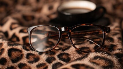 A pair of tortoiseshell glasses on leopard-print fabric, with a blurred mug in the background. Concept Tortoiseshell glasses, Leopard print fabric, Cozy desk setup, Blurred mug background