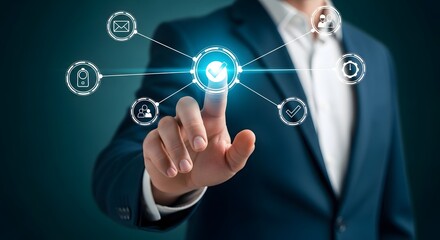 Businessman touching progress icons representing growth and development