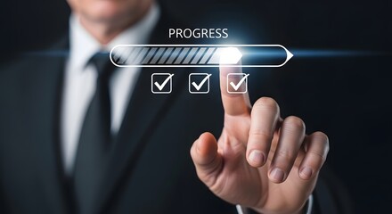 Businessman accelerating progress with digital interface and checkmarks