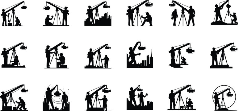 Silhouette cinematographers operating camera crane jib outdoors, filmmaking crew setting up professional film equipment with city skyline background, movie production training scene