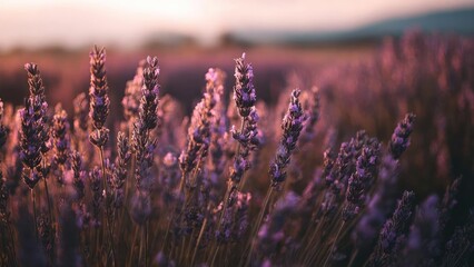 Lavender field with purple flowers glowing in the warm sunset. Concept Lavender Field, Sunset Glow, Purple Flowers, Warm Light, Dreamy Landscape