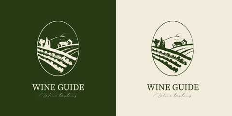 Obraz premium Vineyard sketch logo in coal hand drawn graphic style. Retro drawing background. Menu design, winery sign, vineyard emblem, alcohol bar symbol. Vector illustration