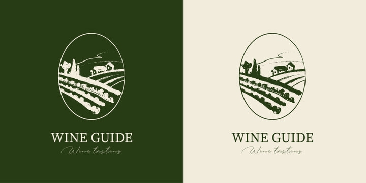 Vineyard sketch logo in coal hand drawn graphic style. Retro drawing background. Menu design, winery sign, vineyard emblem, alcohol bar symbol. Vector illustration