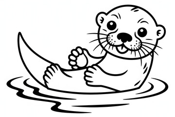 Happy cartoon otter swimming in water, cute illustration, black and white, playful mammal, river, pond, nature, outline art