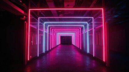 Fototapeta premium A neon tunnel made of glowing pink and blue square frames extending into the distance. Concept Neon Tunnel, Pink and Blue Glow, Geometric Squares, Depth and Perspective, Futuristic Vibe