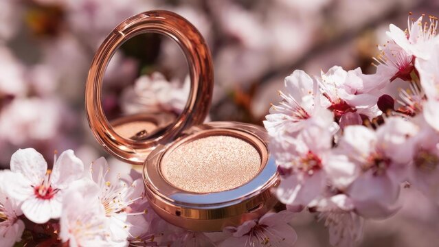 Rose-gold compact with peachy, shimmering powder opened beside pink cherry blossoms. Concept Rose-gold makeup compact, Peachy shimmering powder, Cherry blossom ambiance, Soft pink aesthetic