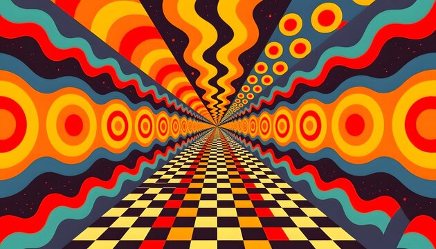 Psychedelic Abstract Tunnel with Retro Waves and Checkerboard Perspective