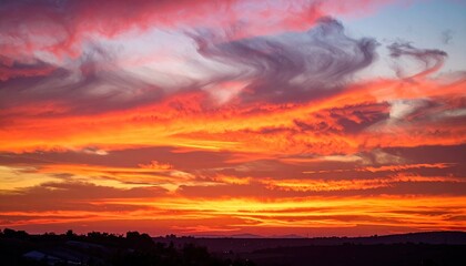 Fiery crimson and orange clouds blaze across a twilight sky over silhouetted hills