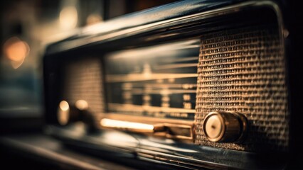 Close-up of a vintage radio with a woven speaker grille, tuning dial and warm metallic trim. Concept Vintage Radio, Woven Speaker Grille, Tuning Dial, Warm Metallic Trim, Close-Up Detail
