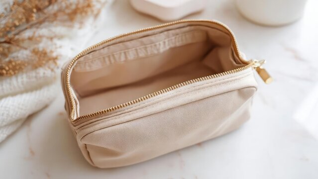 A small beige makeup bag with a gold zipper, opened to show its empty soft interior. Concept Beige makeup bag with gold zipper, Opened interior with soft lining, Minimalist cosmetic pouch