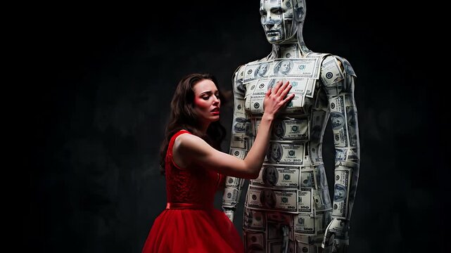 Emotional woman in vibrant red dress clings to an emotionless android covered entirely in United States dollar currency notes symbolizing materialism.