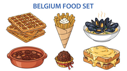 BELGIUM FOOD SET vector illustration, delicious culinary icons of Belgian cuisine