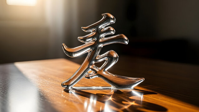 Metal Chinese Character Sculpture on Wood.