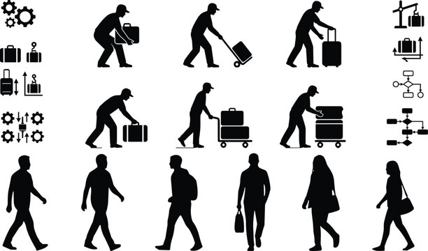 Silhouettes of luggage handlers moving suitcases and travelers walking with bags, workflow icons, airport baggage handling, logistics, travel and transportation concepts